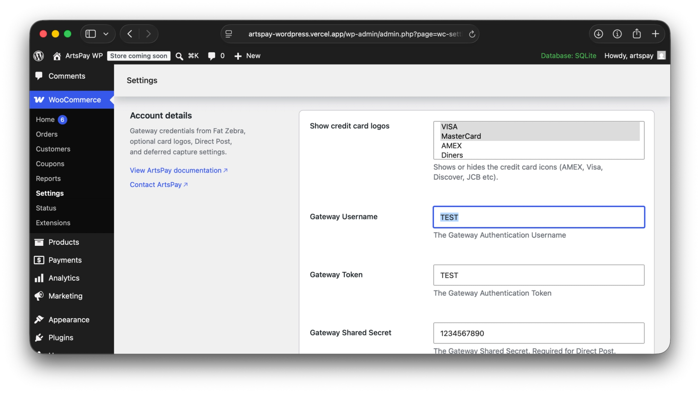 WooCommerce ArtsPay Test Credentials