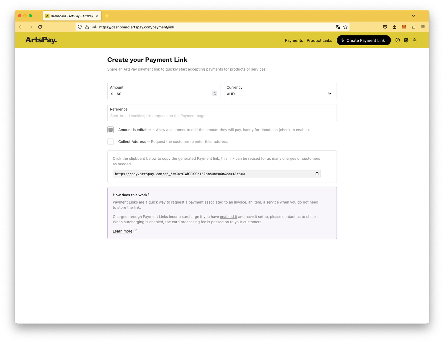 ArtsPay Payment Links