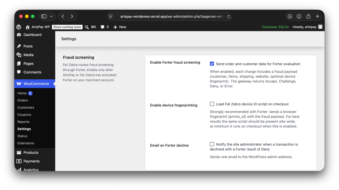 WooCommerce ArtsPay Fraud Screening