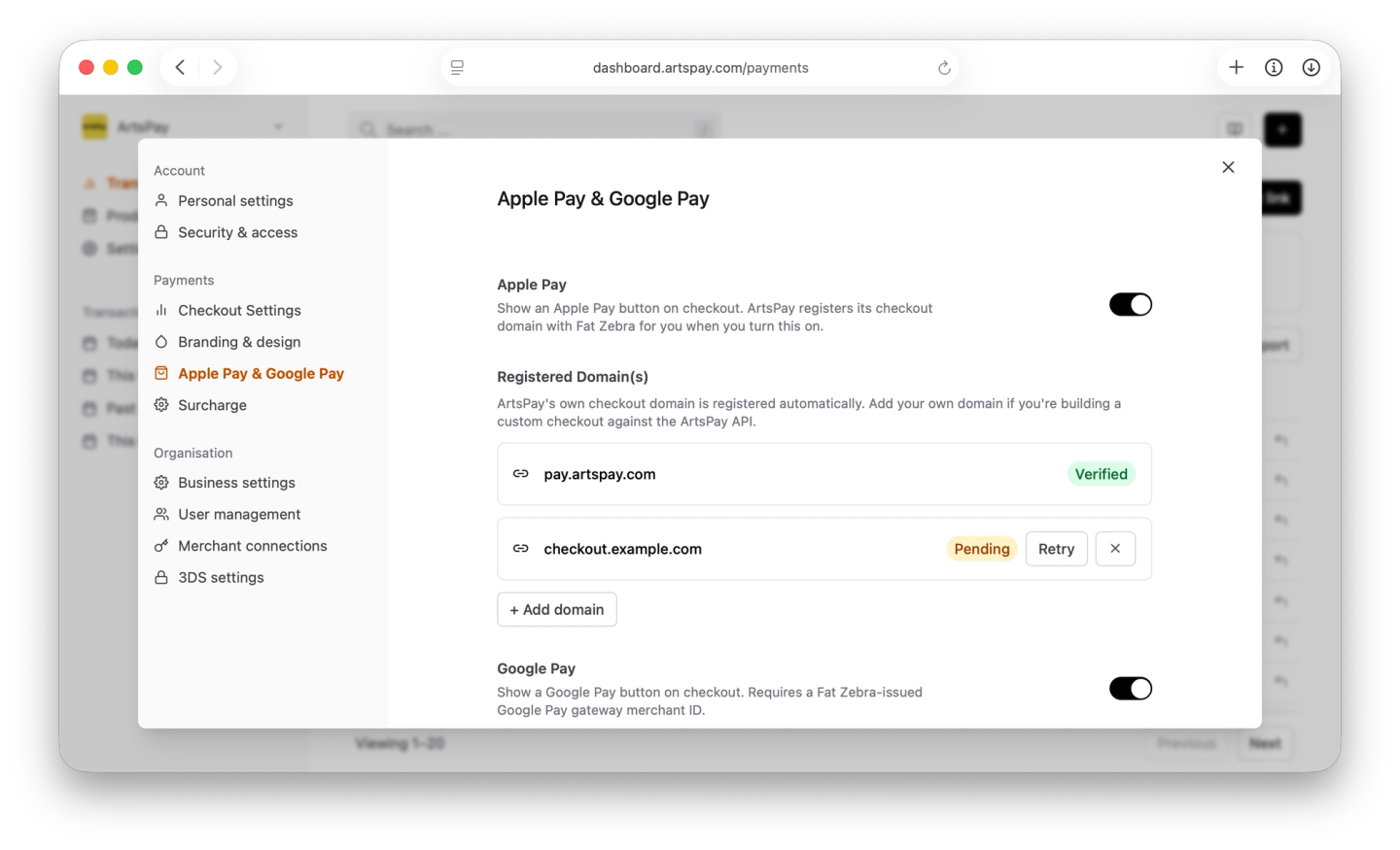 ArtsPay Domain additional