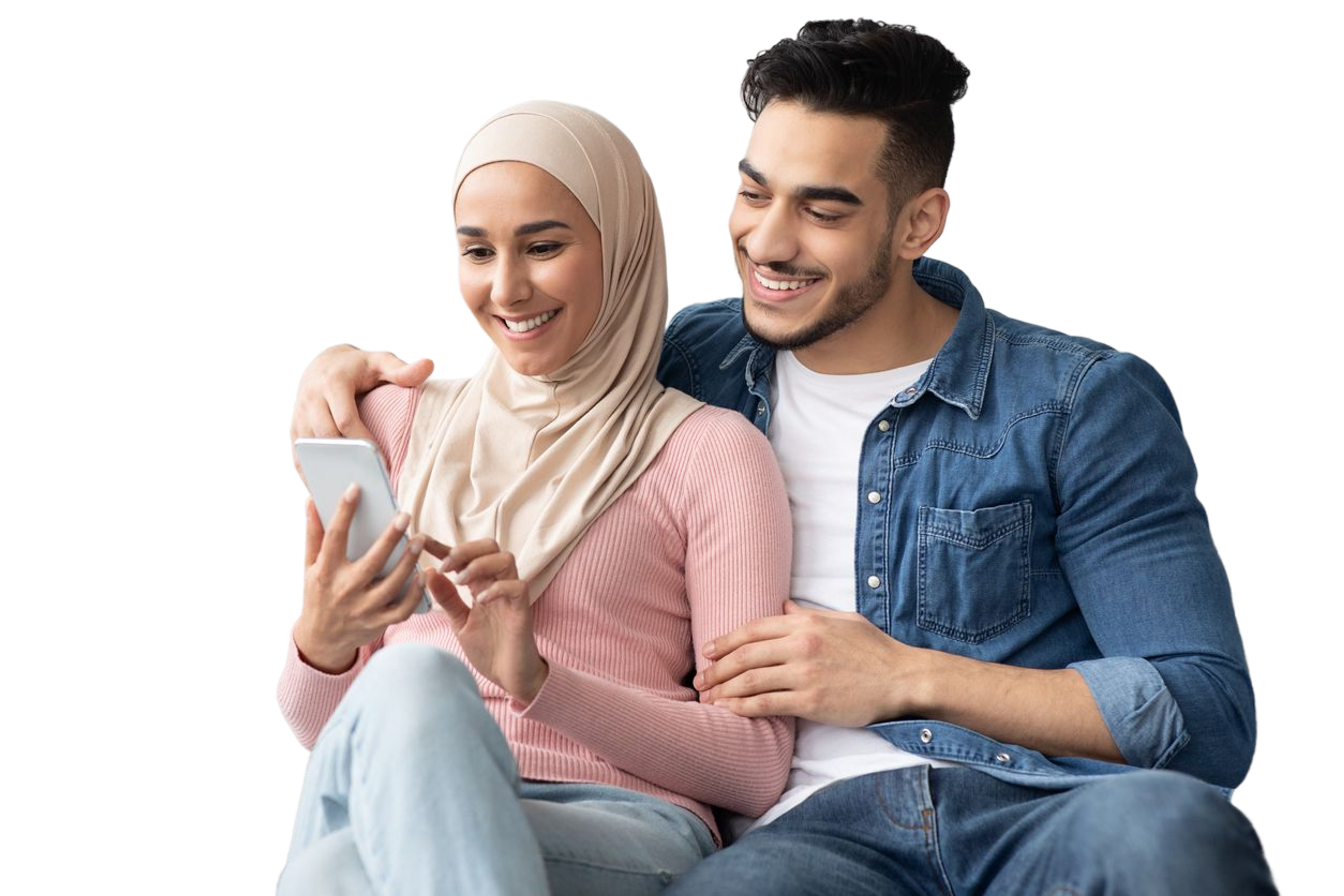 A woman looking at a cellphone with a man
