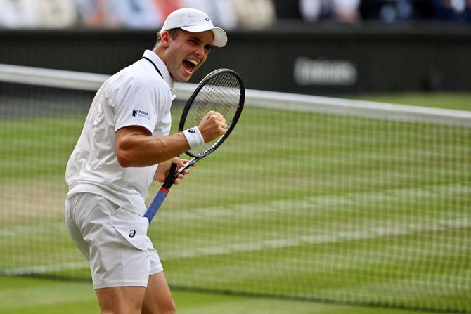 Arthur Féry celebrates a point at Wimbledon.