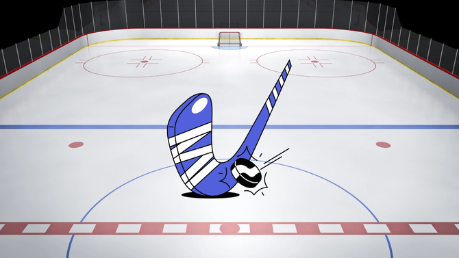 Illustration of a hockey stick and puck on rink.