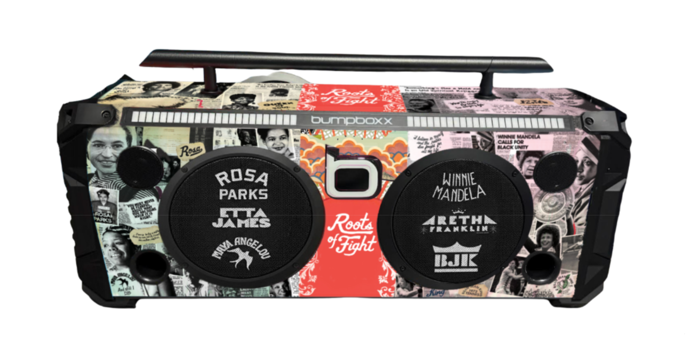 Image of a boom box with designs of woman icons
