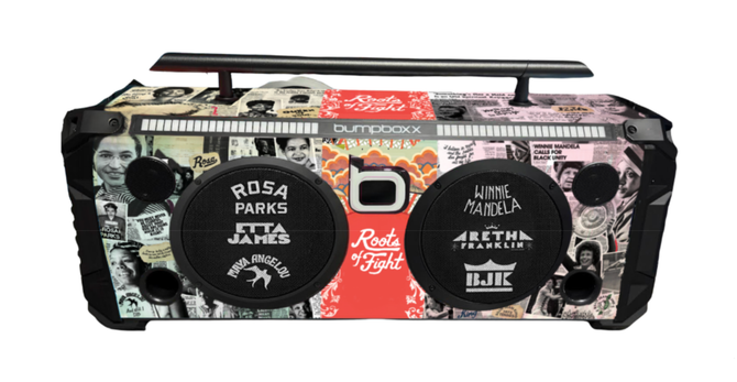 Image of a boom box with designs of woman icons