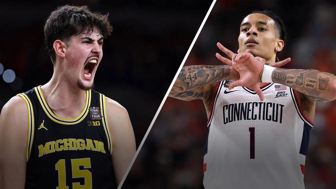 Michigan’s Aday Mara and UConn’s Solo Ball celebrate after winning their Final Four games.