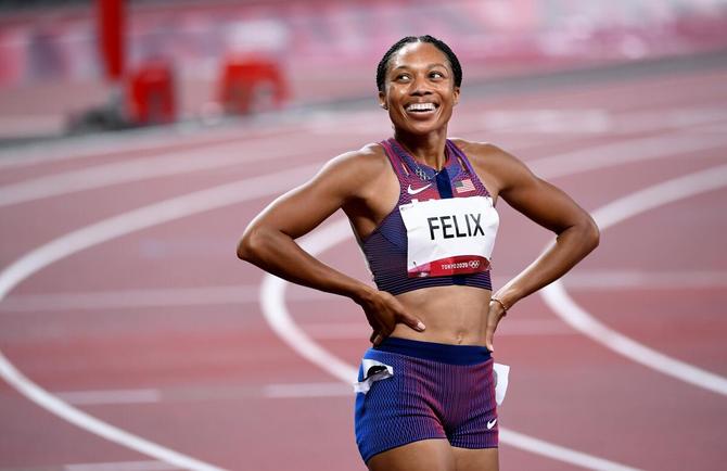 Allyson Felix smiles after a race.