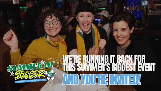 Graphic of three fans celebrating with text that reads, "Summer of soccer, we're running it back for this summer's biggest event, and you're invited"