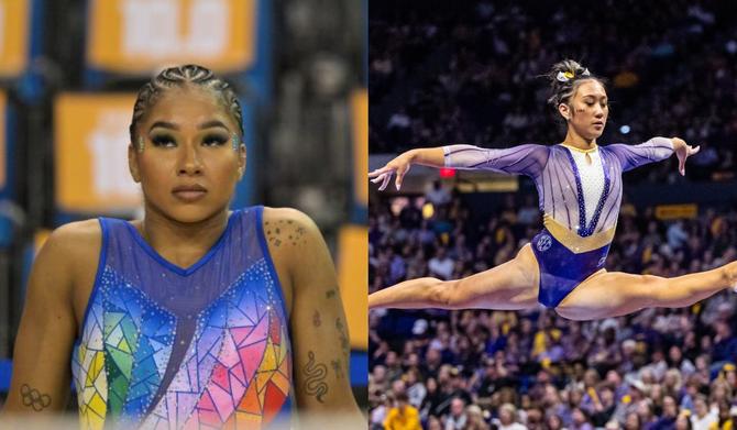 Jordan Chiles in a split screen with Kailin Cho.