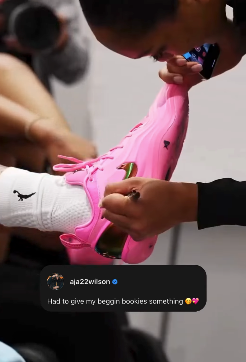 Four-time WNBA MVP A'ja Wilson giving out her signature shoe to Las Vegas Aces teammates. 💖