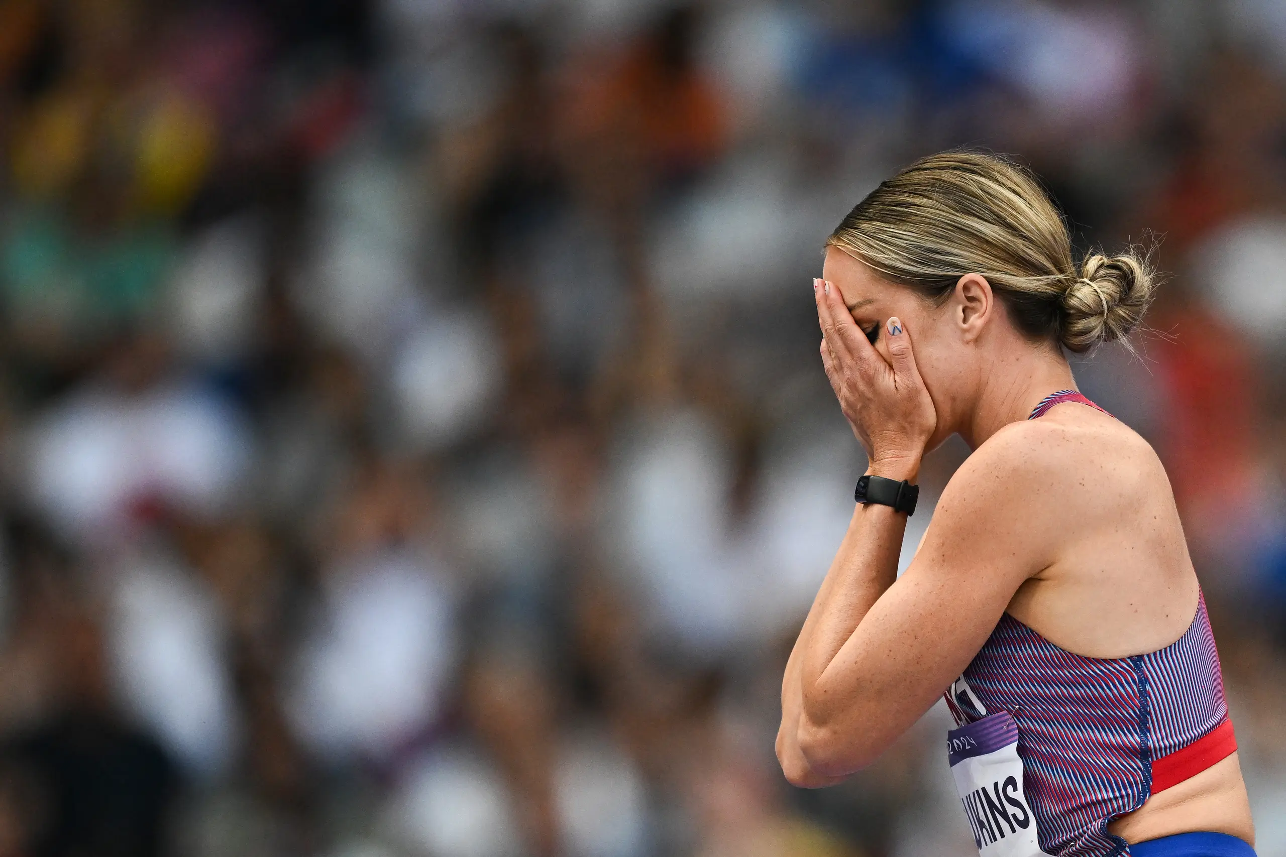 Chari Hawkins reacts in the women's heptathlon high jump of the athletics event at the Paris 2024 Olympic Games at Stade de France in Saint-Denis, north of Paris, on August 8, 2024.