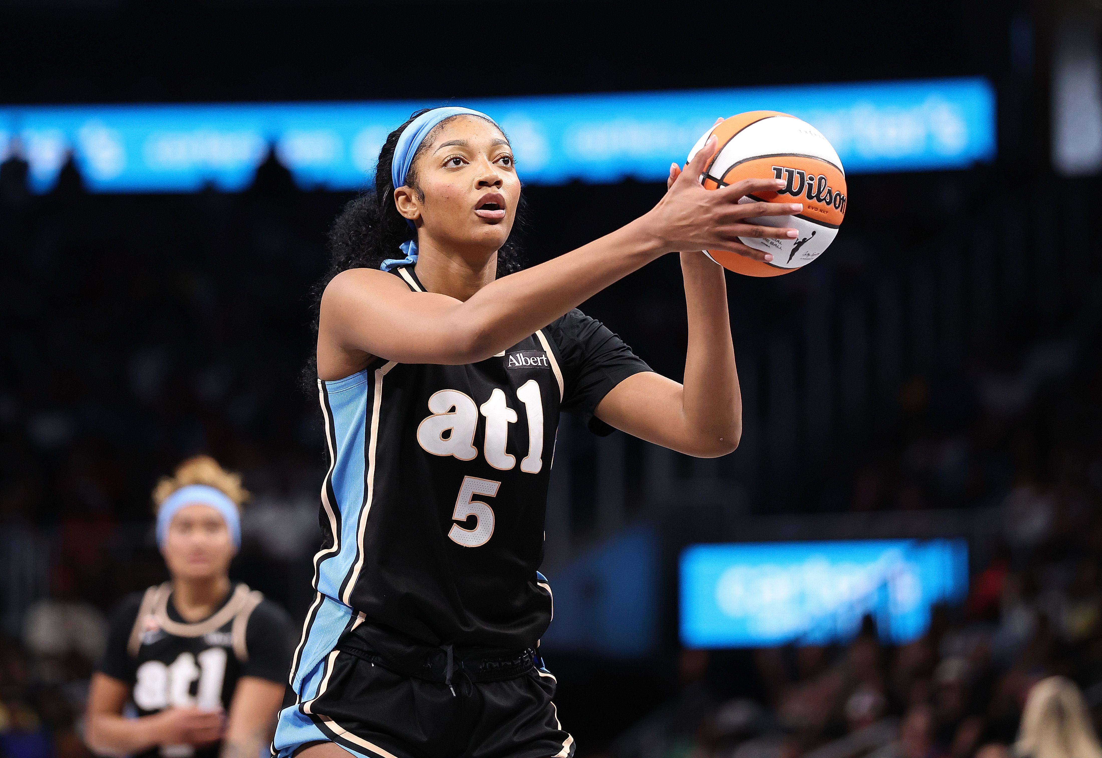 Angel Reese #5 of the Atlanta Dream attempts a free throw against the Las Vegas Aces 