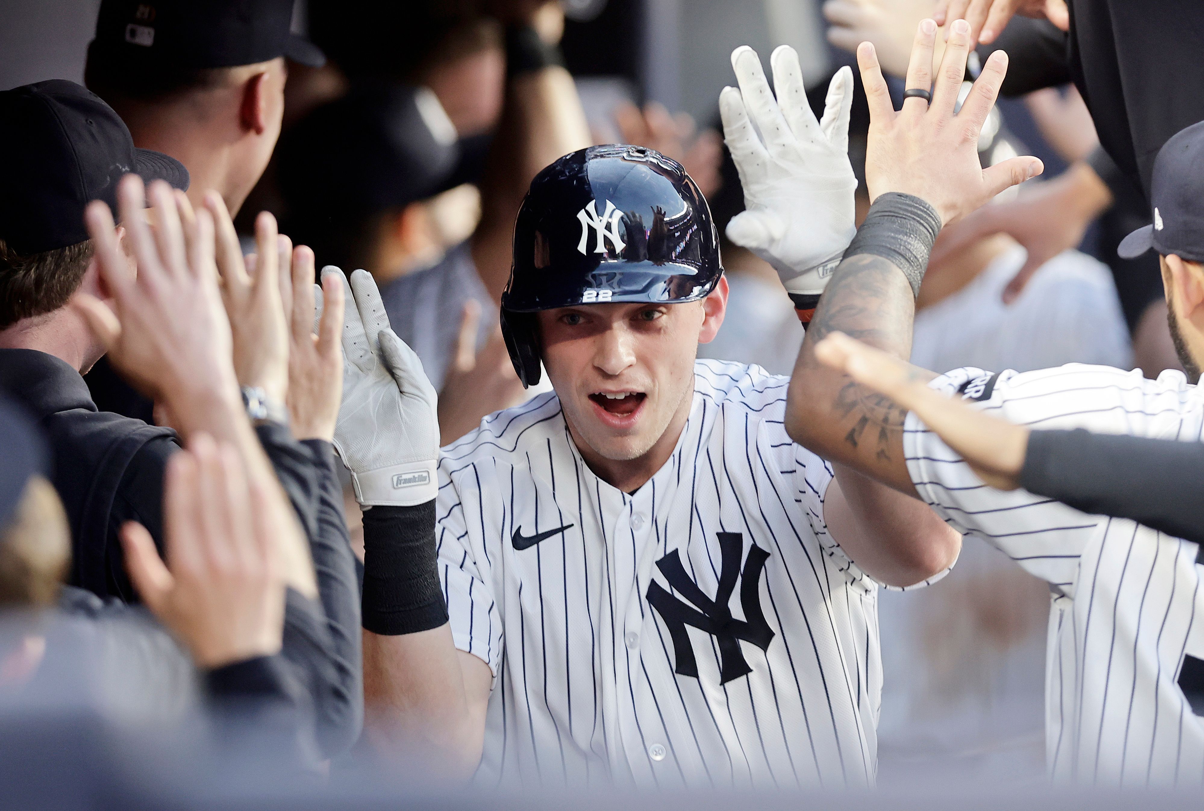 NY Yankee Ben Rice celebrates a home run