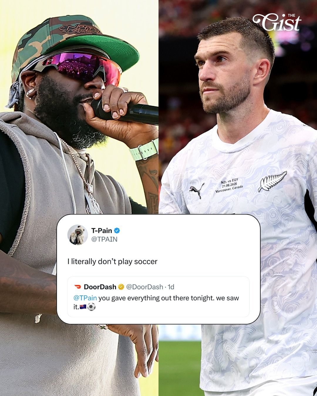 Rapper T-Pain responded after DoorDash accidentally tagged him instead of New Zealand soccer player Tim Payne, who went viral ahead of the World Cup. 😂⁣