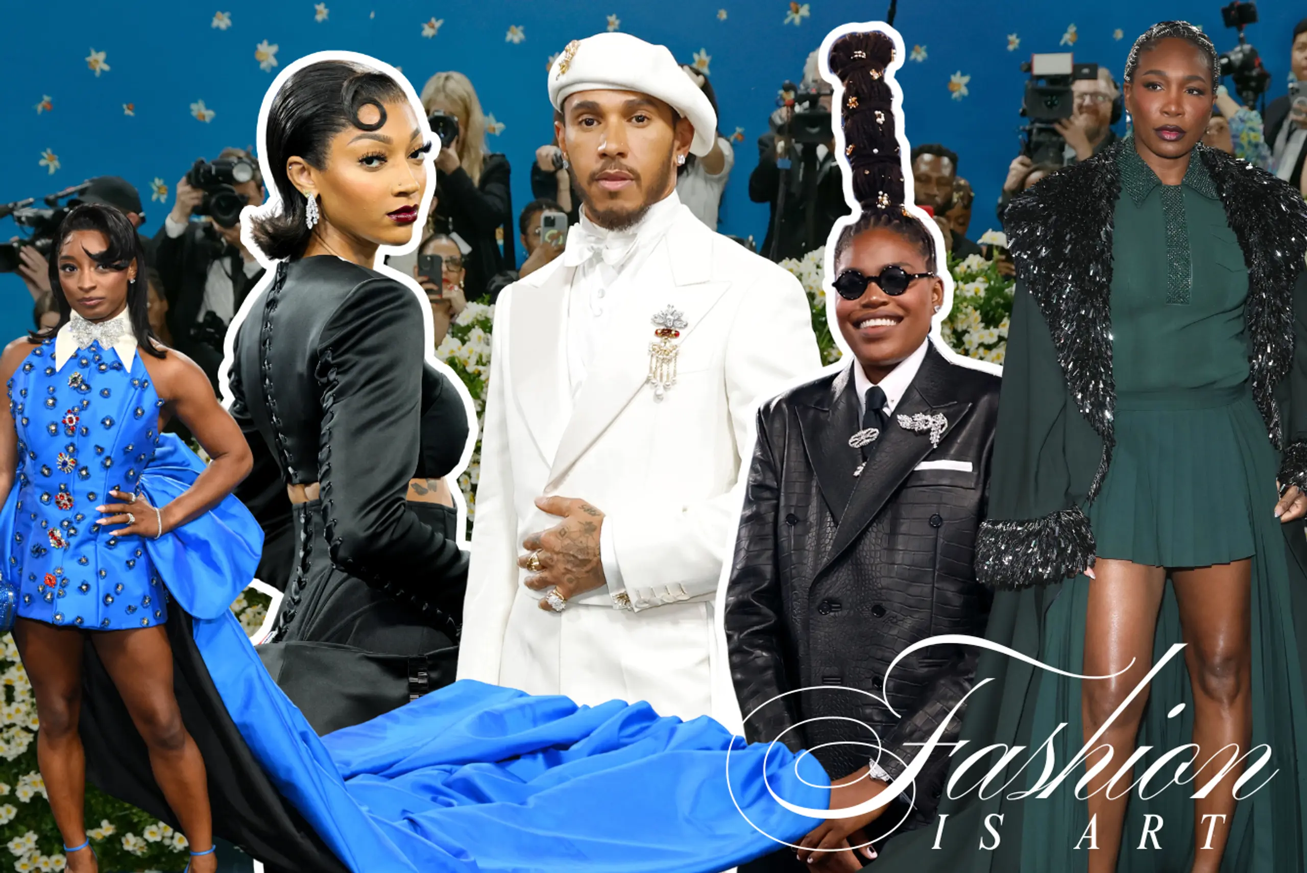 A collage of Simone Biles, Angel Reese, Lewis Hamilton, Jonquel Jones, and Venus Williams at the 2025 Met Gala. 