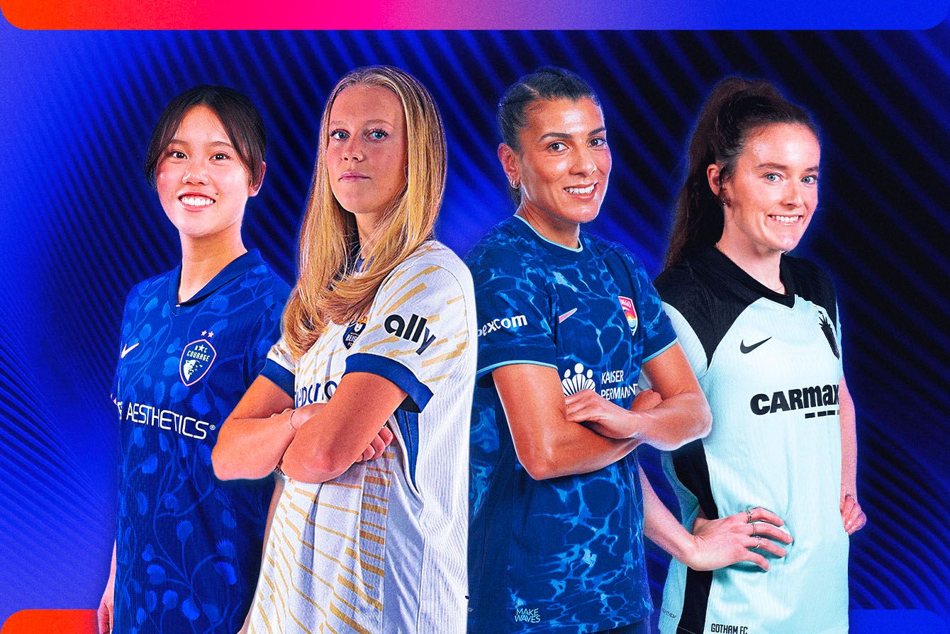 NWSL players from different teams pose smiling on a blue background.