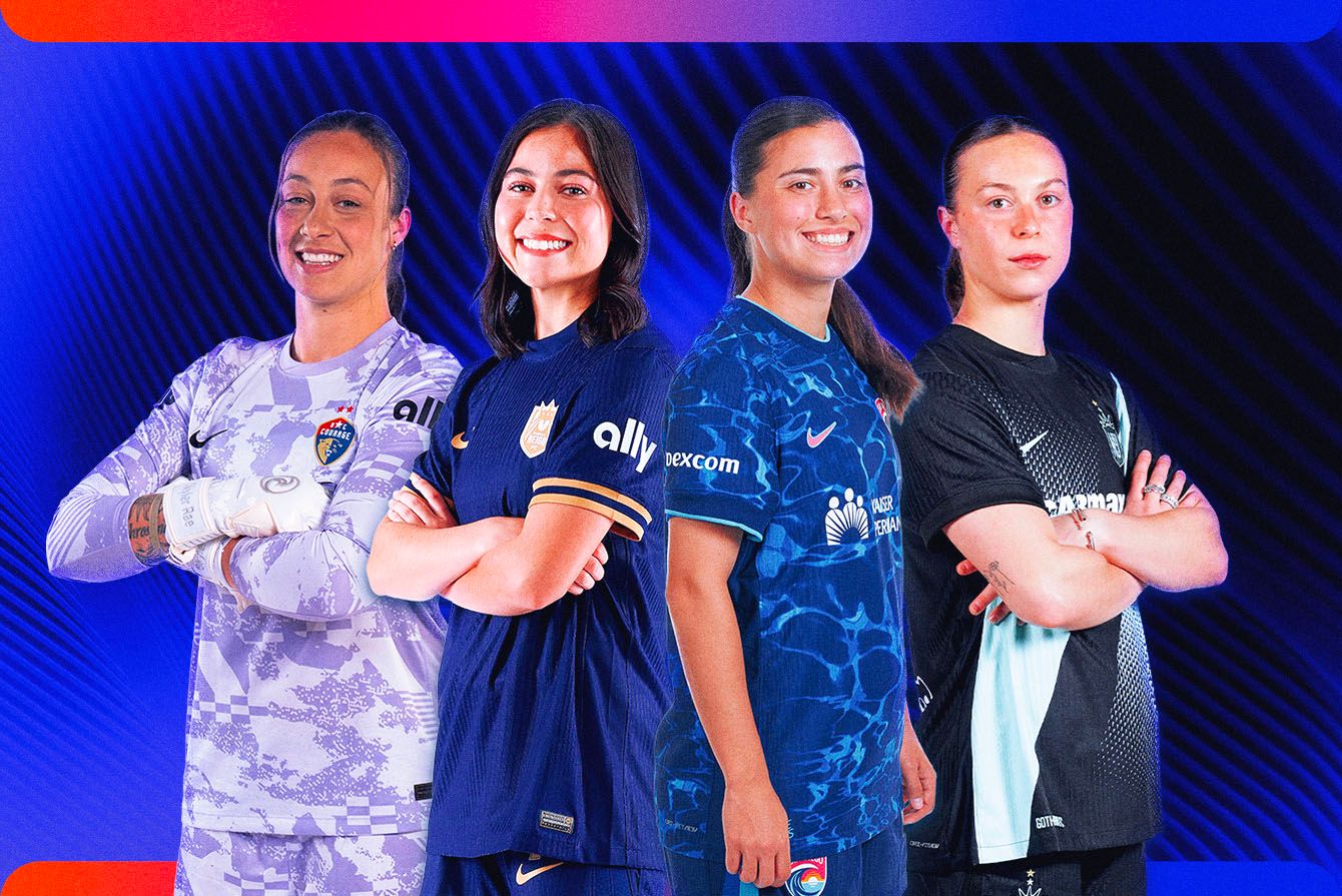 Four NWSL superstars from across the league pose against a blue background