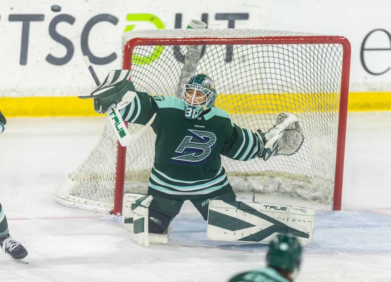 Aerin Frankel makes a save.
