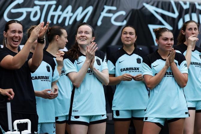Rose Lavelle #16 of NJ/NY Gotham FC applauds prior to the NWSL match between NJ/NY Gotham FC and Houston Dash at Sports Illustrated Stadium on May 31, 2026 in Harrison, New Jersey.