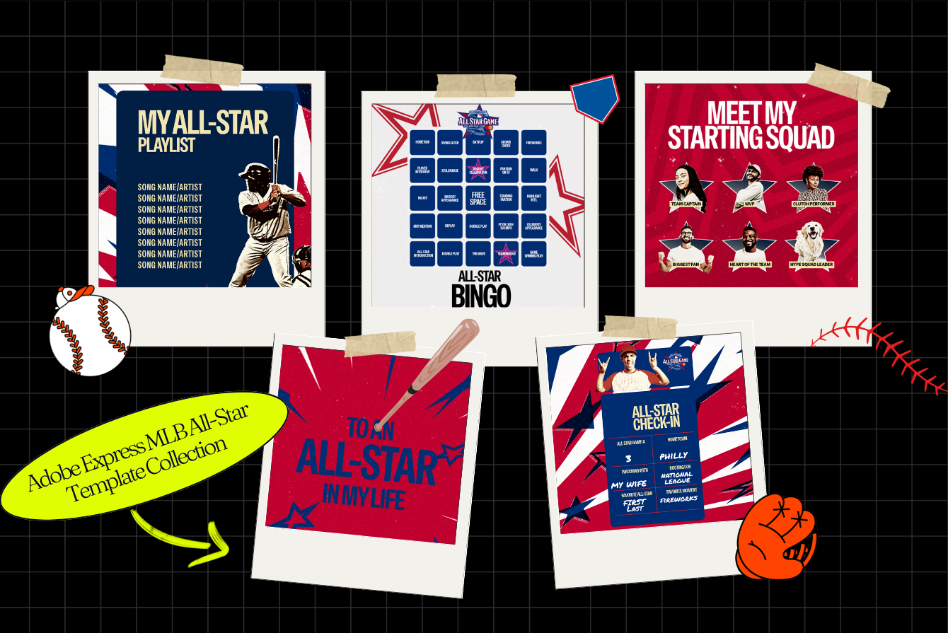Graphic featuring Adobe Express MLB All-Star template designs displayed as taped photo cards, including playlists, bingo, starting squad, and more.