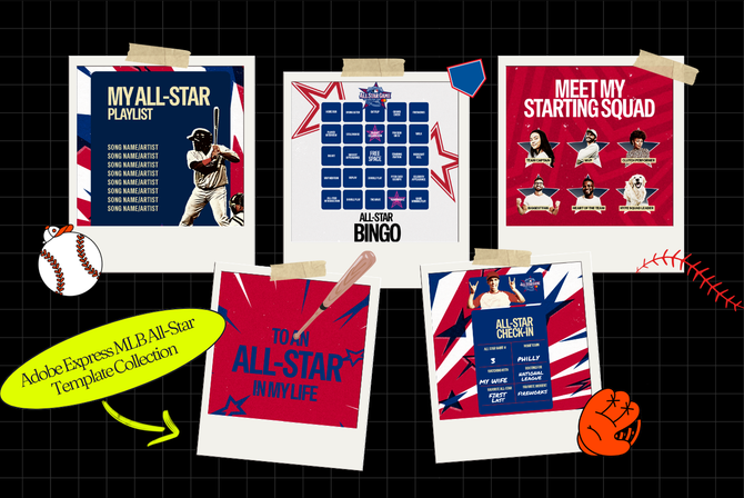 Graphic featuring Adobe Express MLB All-Star template designs displayed as taped photo cards, including playlists, bingo, starting squad, and more.
