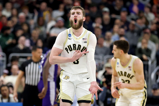 Purdue men’s basketball star Braden Smith celebrates. 