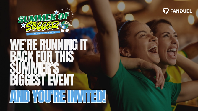 Graphic of two fans celebrating with text that reads, "Summer of soccer, we're running it back for this summer's biggest event, and you're invited"