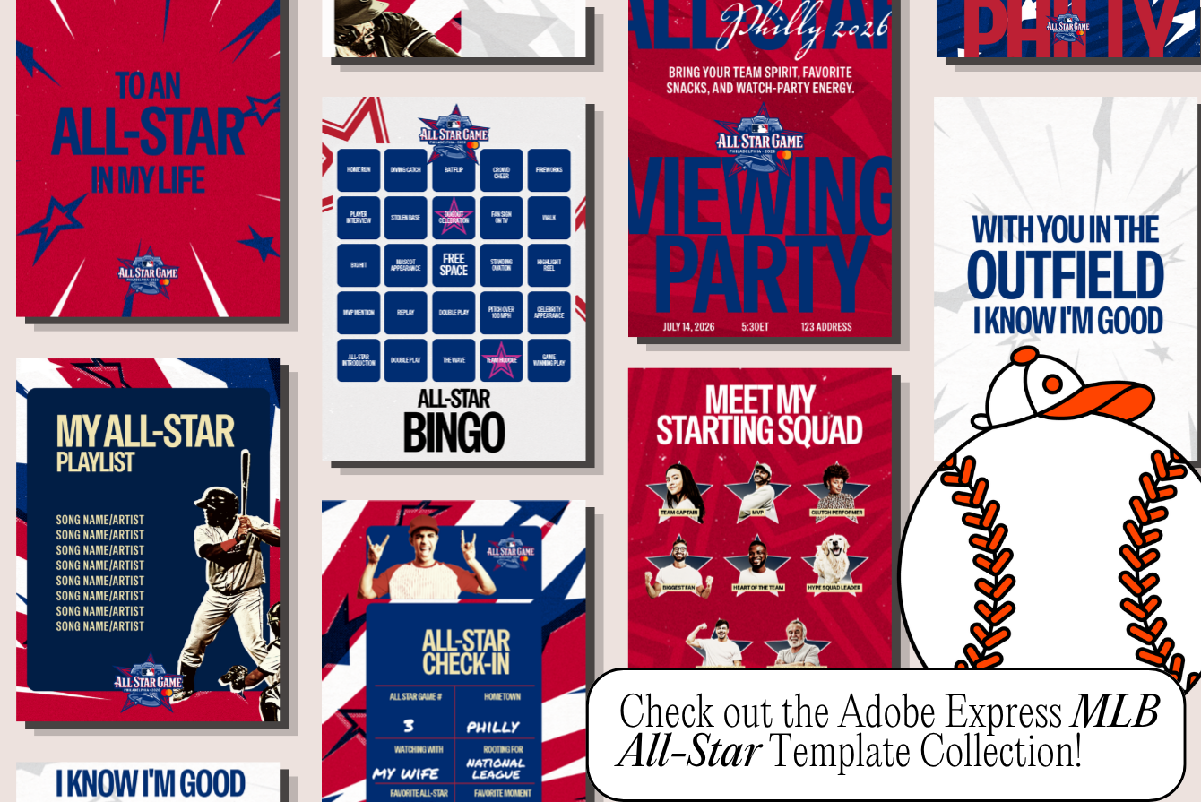Promotional graphic showcasing a collection of baseball-themed social media templates for the MLB All-Star Game, including bingo, playlists, watch parties, and fan activities.