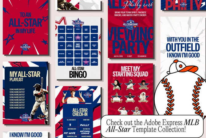 Promotional graphic showcasing a collection of baseball-themed social media templates for the MLB All-Star Game, including bingo, playlists, watch parties, and fan activities.