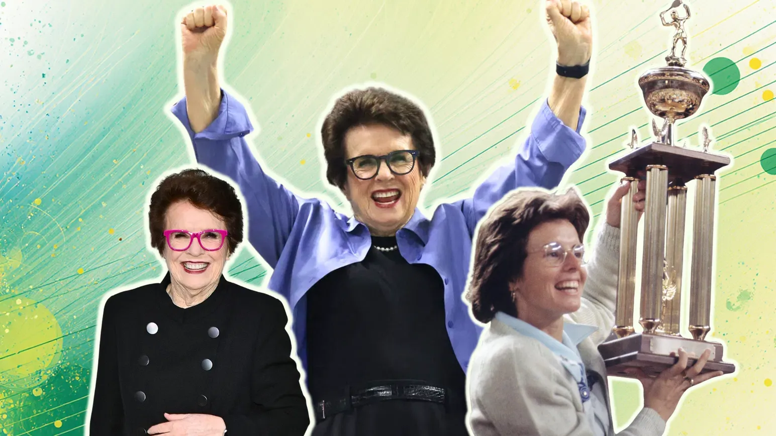 Graphic featuring Billie Jean King in various eras of her career.