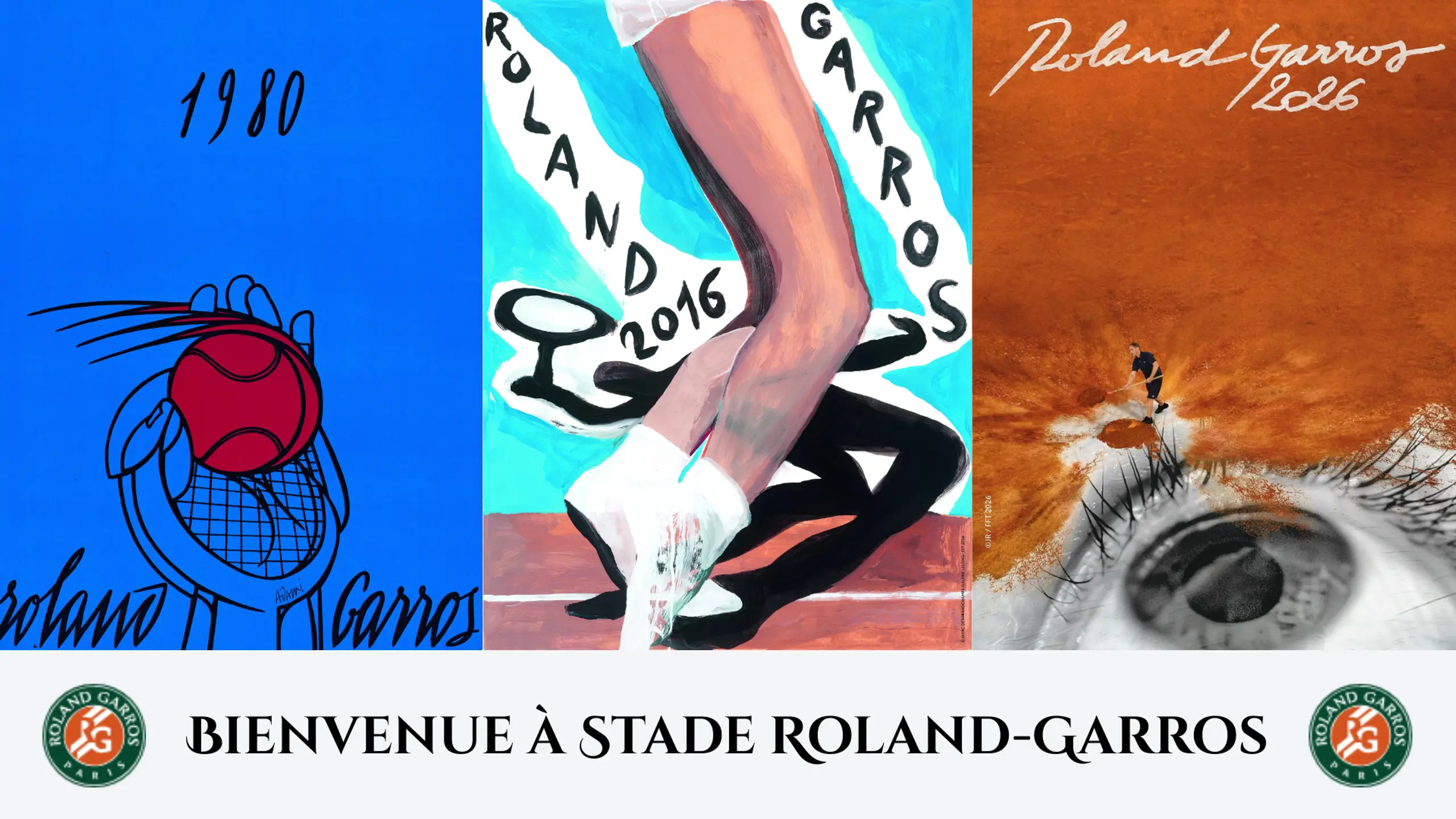 Roland-Garros posters from 1980, 2016, and 2026 above the text “Bienvenue à Stade Roland-Garros” with the tournament logos.