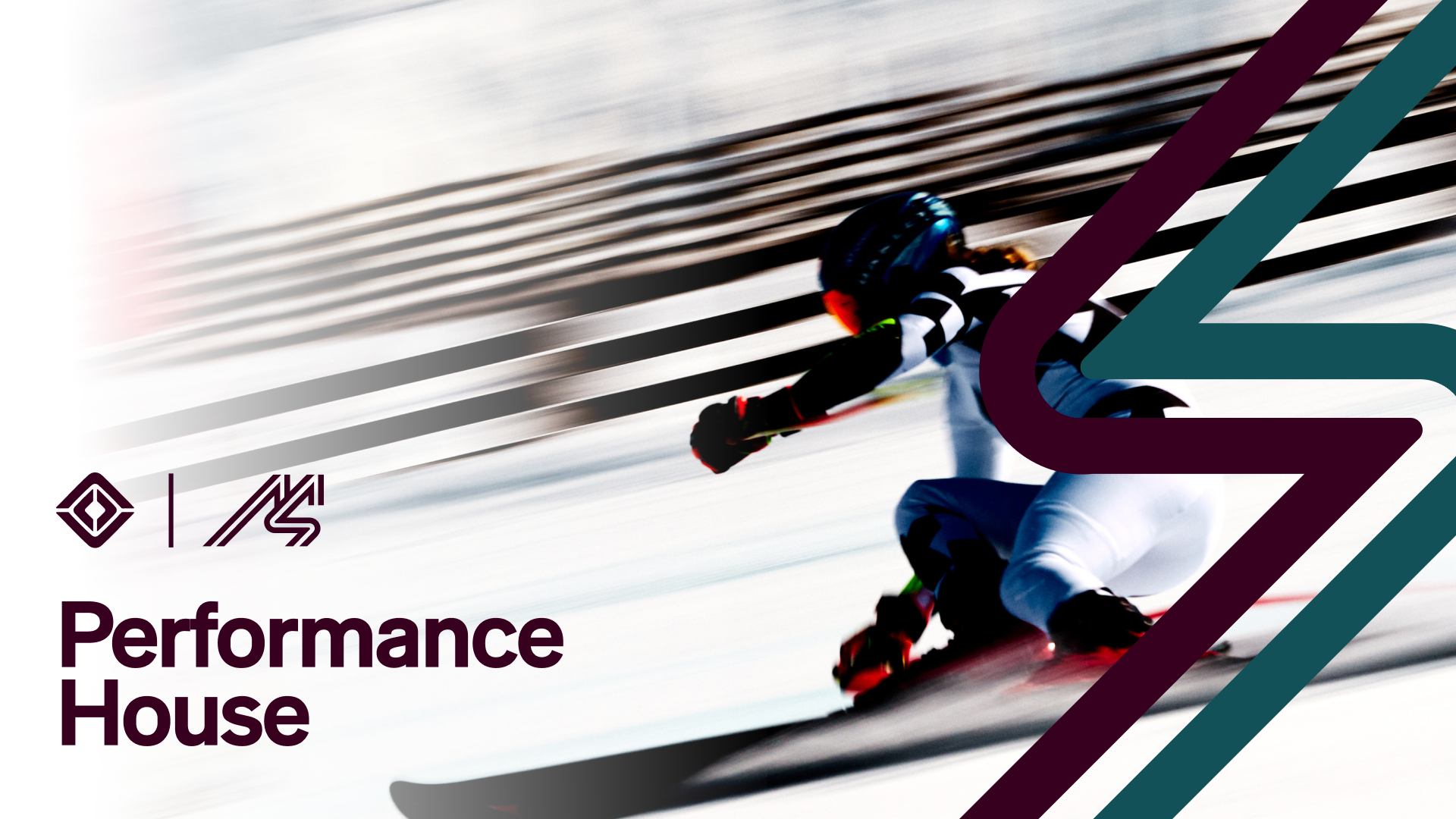 A motion-blurred winter athlete races down a snowy course, accompanied by Performance House branding and graphic design elements.