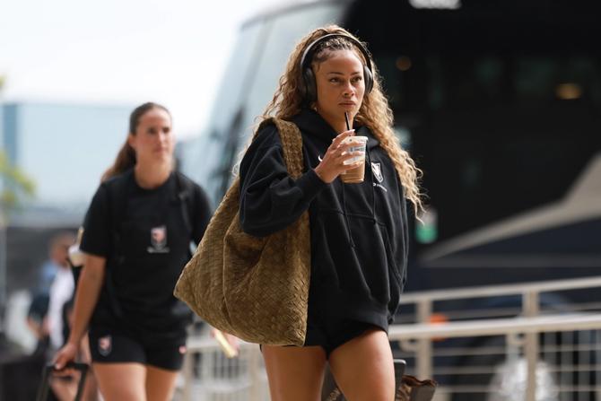 Sarah Gorden #11 of Angel City FC arrives prior to the NWSL match between San Diego Wave FC and Angel City FC at Snapdragon Stadium on July 11, 2026 in San Diego, California.