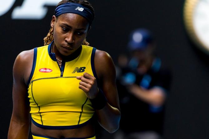 Coco Gauff celebrates winning a point at the 2024 Australian Open.