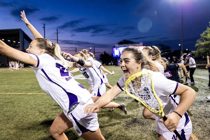 Members of the No. 1–seed Northwestern women’s lacrosse team rush the field as they win their May 16th quarter-final matchup against No. 8 Penn.