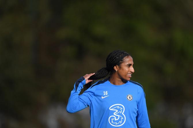 Naomi Girma of Chelsea looks on during a Chelsea FC Women's Training Session at Chelsea Training Ground on January 29, 2025 in Cobham, England.