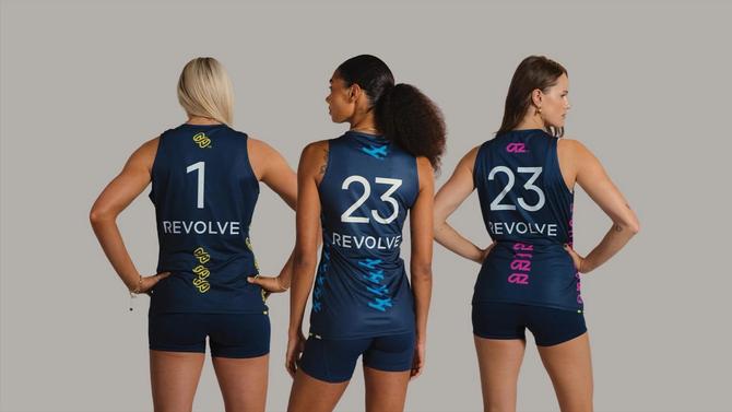 LOVB players post in new jerseys featuring jersey sponsorship with fashion retailer Revolve.