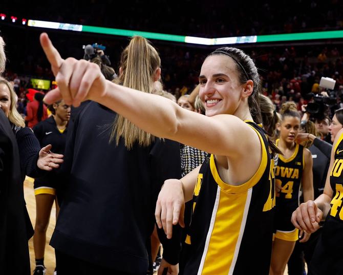 Caitlin Clark #22 of the Iowa Hawkeyes reacts after the Iowa Hawkeyes won 67-58 over the Iowa State Cyclones.