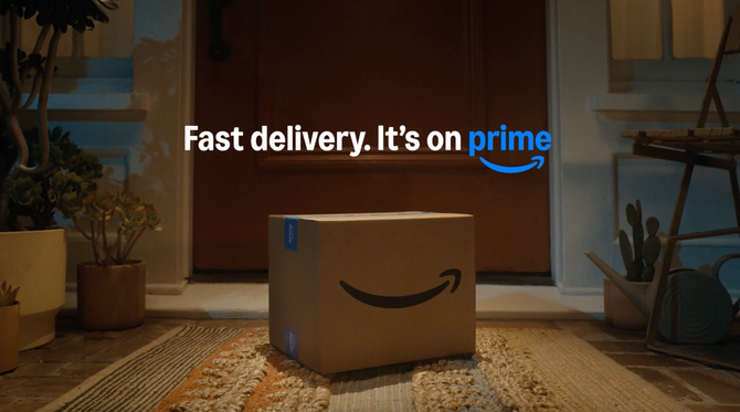 An Amazon package sits outside a door.