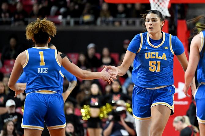 UCLA’s Lauren Betts high-fives teammate Kiki Rice during a game.