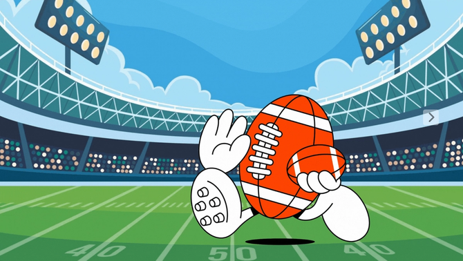 A graphic of a cartoon football running on a field
