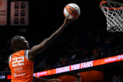 Connecticut Sun guard Saniya Rivers (22) shoots a layup against the Atlanta Dream during the second half at Mohegan Sun Arena.