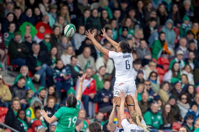 Sadia Kabeya #6 of England wins a line out during the Ireland V England, Women's Six Nations Rugby match at Musgrave Park on April 22nd, 2023, in Cork, Ireland.