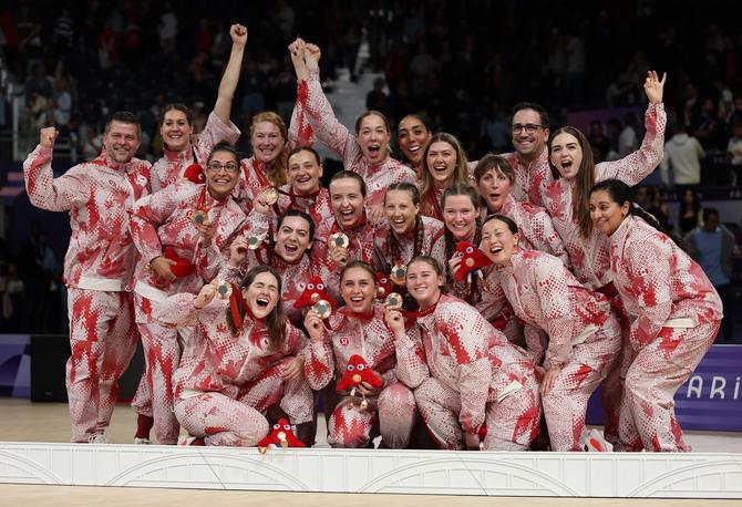 Bronze medalists Team Canada celebrate during the Sitting Volleyball Women's Medal Ceremony on day ten of the Paris 2024 Summer Paralympic Games
