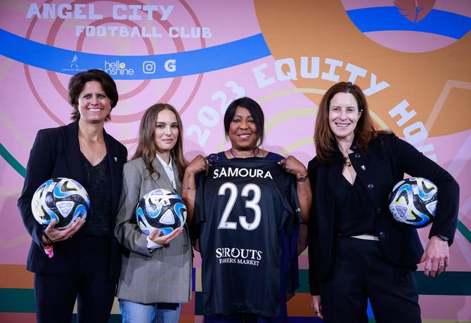 Angel City co-founders Julie Uhrman, Natalie Portman, Fatma Samoura, Secretary-General of FIFA and Kara Nortman pose ahead of the Angel City Equity Summit at Sydney Opera House on August 04, 2023 in Sydney, Australia.