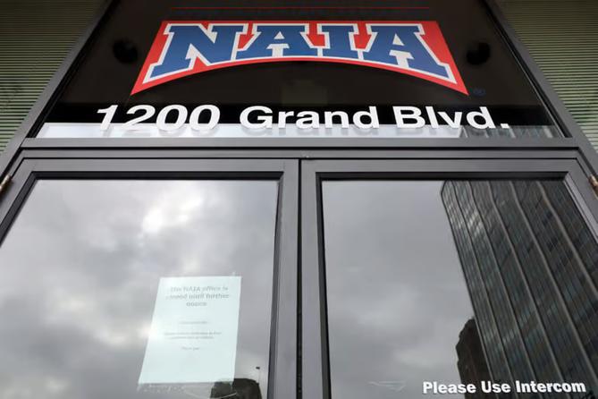 The front doors of NAIA headquarters in Kansas City, MO