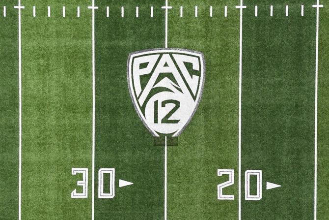 The Pac-12 Conference logo on Oregon’s Autzen Stadium football field on June 9, 2024.