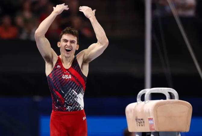 Stephen Nedoroscik celebrates after a pommel horse routine