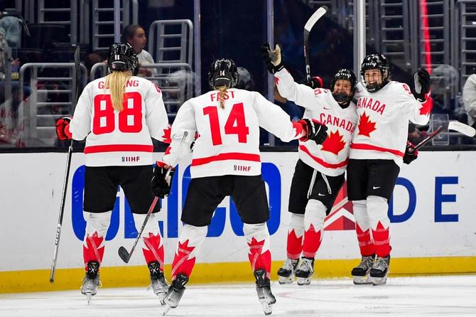 Jamie Lee Rattray of Team Canada celebrates a goal with her teammates during the third period against Team USA in the Canada USA Rivalry Series in November.