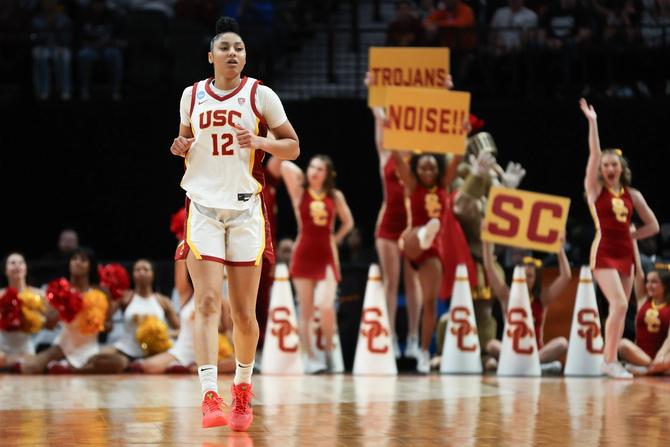 USC women’s basketball star JuJu Watkins jogs up the court.